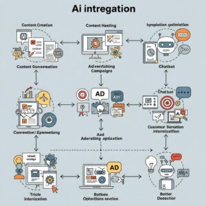Flowchart illustrating AI integration in digital marketing including content creation, ad targeting and chatbot automation for improved user engagement.
