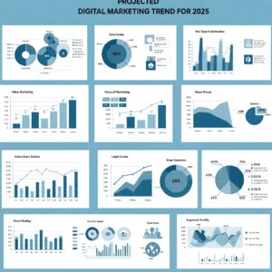 Infographic summarizing key digital marketing statistics for 2025, including trends in AI adoption, video content engagement, voice search usage and personalization effectiveness.