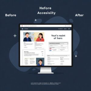 Side-by-side comparison of a landing page design before and after implementing accessibility features such as readable fonts, proper color contrast, keyboard navigation and alt text