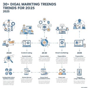 Timeline infographic illustrating the evolution of digital marketing trends from 2020 to 2025, highlighting key milestones such as the rise of AI, voice search, social commerce and data privacy changes